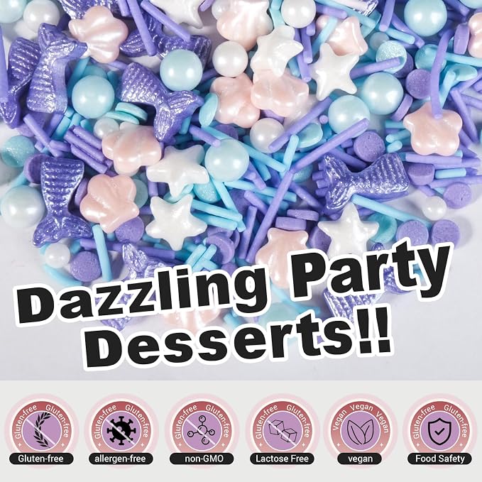 HUEBEATY 6-in-1 Mermaid Sprinkles Set – 180g Edible Mermaid Sprinkles & Seashell Cake Decorations, Under the Sea Ocean Sprinkles for Cake Decorating, Cupcakes, Cookies, Ice Cream & Summer Desserts