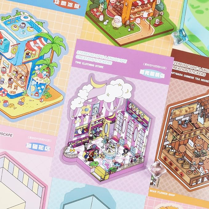 20 Sets DIY 3D Sticker Scene Collection Book DIY 3D House Stickers Make Your Own Sticker Therapy Cute Cartoon Stickers Scenes for Relief Stress Pass The Time