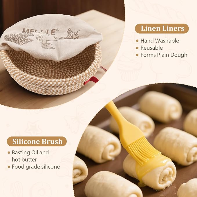 Sourdough Bread Baking Set,10" Round and 11" Oval Rope Banneton Proofing Basket with Liners,Sourdough Starter Kit with Bread Lame,Dough Whisk,Bowl Scraper,Brush and Stainless Steel Scraper