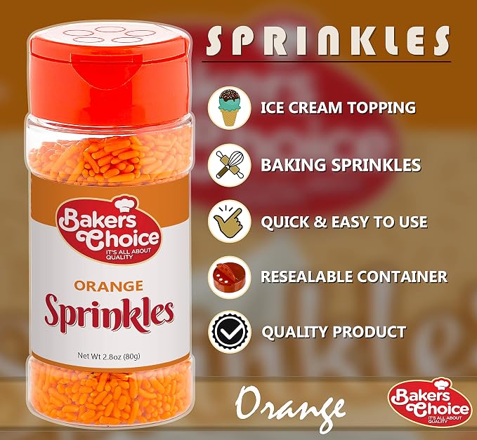 Bakers Choice Orange Sprinkles for Baking - Jimmies Sprinkles for Ice Cream Toppings - Dairy Free, Kosher 2.8 oz.