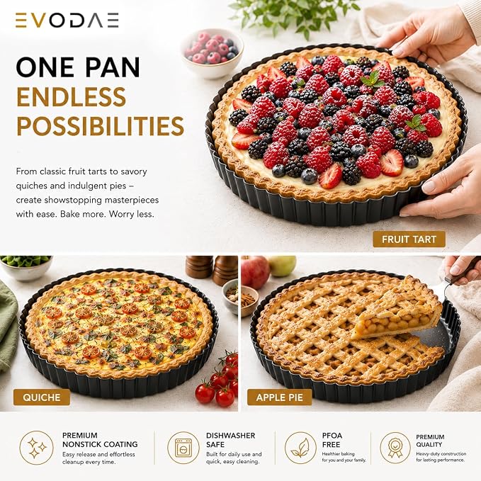 9 Inch Tart Pan with Removable Bottom, Premium Nonstick Tart Pan for Baking, Fluted Quiche Pan, Fruit Tart Pan, Heavy Duty Carbon Steel, Dishwasher Safe, PFAS Free Bakeware