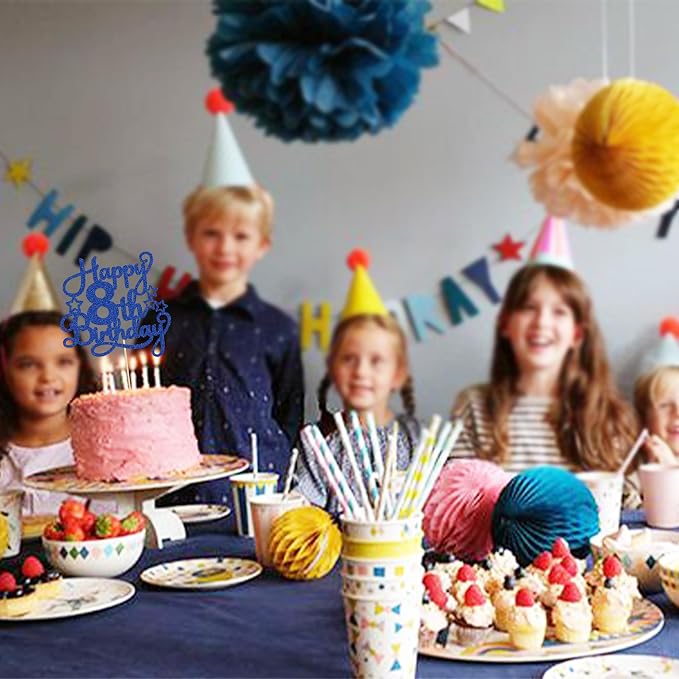 1 Pack Happy 8th Birthday Cake Topper Blue Glitter 8th Birthday Cheers to 8 Years Old Cake Pick for Celebrating Anniversary Party Cake Decorations Supplies