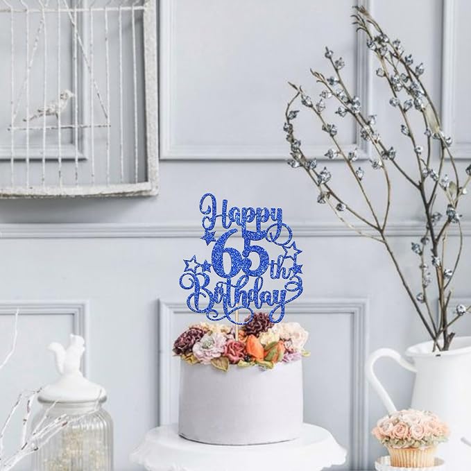 1 PCS Happy 65th Birthday Cake Topper Glitter Cheers to 65 Years Birthday Cake Pick Hello 65 Fabulous Cake Decoration for Happy 65th Birthday Anniversary Party Decorations Supplies Blue