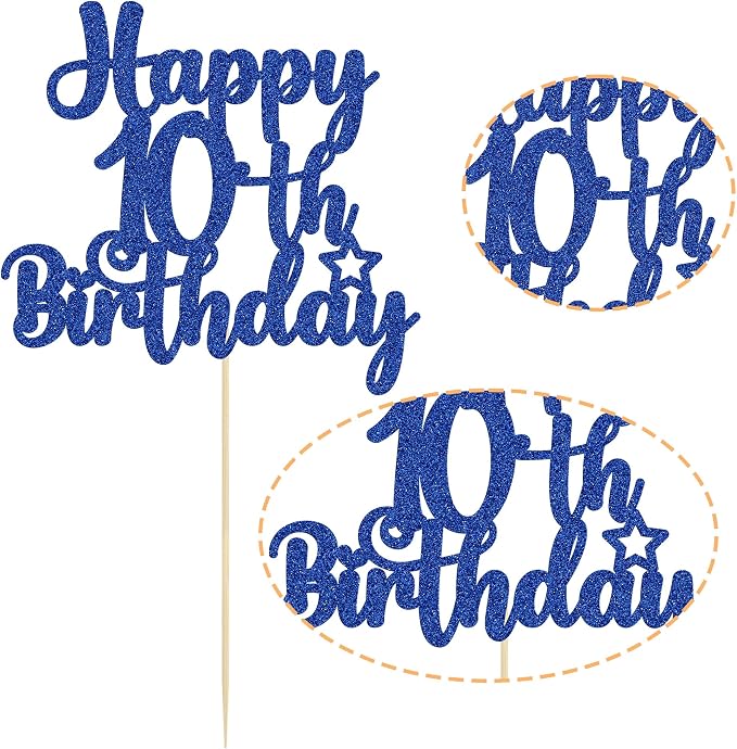 Gyufise 1Pc Happy 10th Birthday Cake Topper Glitter 10 & Fabulous Cheers to 10 Years Old Birthday Cake Pick for Celebrating 10th Birthday Anniversary Party Cake Decorations Supplies Blue
