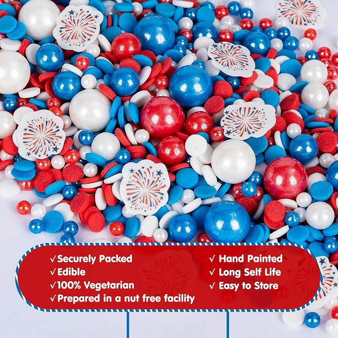4th of July Edible Sprinkles,Red White Blue Patriotic Sprinkles Mix Edible Fireworks Wafer Paper,130g,Round Confetti Pearls Sprinkle for Cake Decorating,Flag Day,Juneteenth Independence Day Cupcake Donut Cookie Decorations for Fourth of July Party