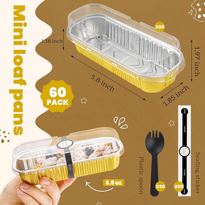 NPLUX Mini Loaf Pans with Lids and Spoons Rectangular Aluminum Foil Baking Pans Mini Cheesecake Containers 6.8oz, Graduation Gifts Party Favors(60 Pack, Gold)