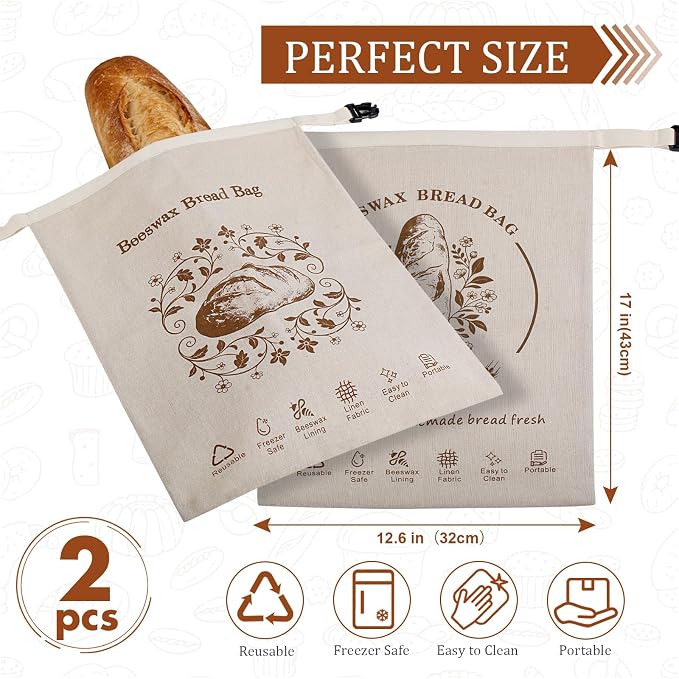 2 Pack Natural Beeswax Coated Linen Bread Bags, Reusable Fresh Keeping Bags for Sourdough & Baguette, Freezable Portable Bread Storage Container 17×12.6 Inch