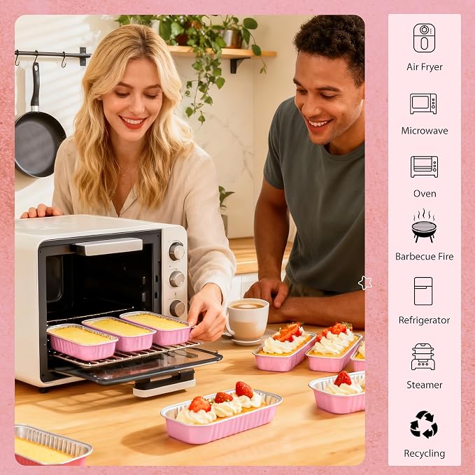NPLUX Mini Cake Pans with Lids and Spoons, 60 Pack Pink Mini Loaf Pans with Lids, Aluminum Foil Mini Cake Containers for Baking, Individual Cake Pans with Lids, Graduation Gifts Party Favors