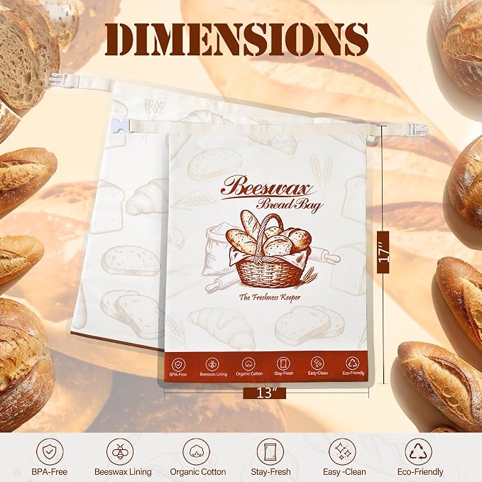 2 Pack Beeswax Bread Bags for Homemade Bread Sourdough, 17x13 Inch | Cotton Linen, Zipper Closure, Freezer Safe, Reusable, For Sourdough Homemade Bread