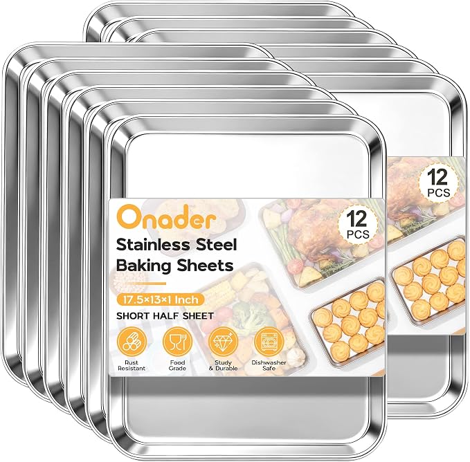 Onader Large Baking Sheet Set of 12, 18 x 13 Inch Stainless Steel Half Sheet Baking Pans for Oven, Commercial Metal Cookie Pan Tray for Roasting Cooking, Mirror Finish & Dishwasher Safe