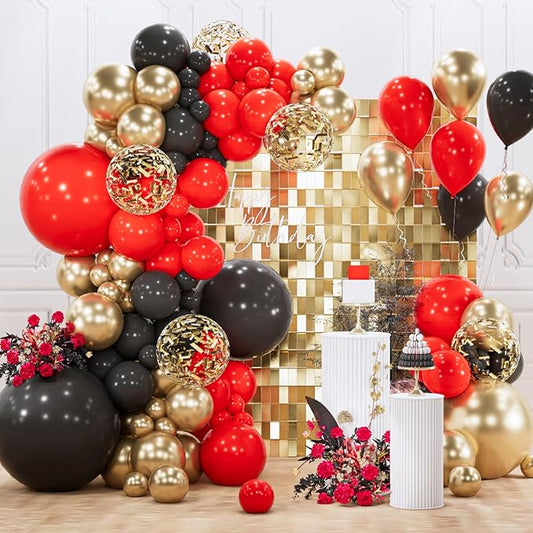 PartyWoo Red Black and Gold Balloon Arch Kit Garland 140pcs Different Sizes of 18 12 10 5 Inch Matte Black Red Metallic Gold Confetti Balloons for New Year's Eve Graduation Birthday Party Decorations