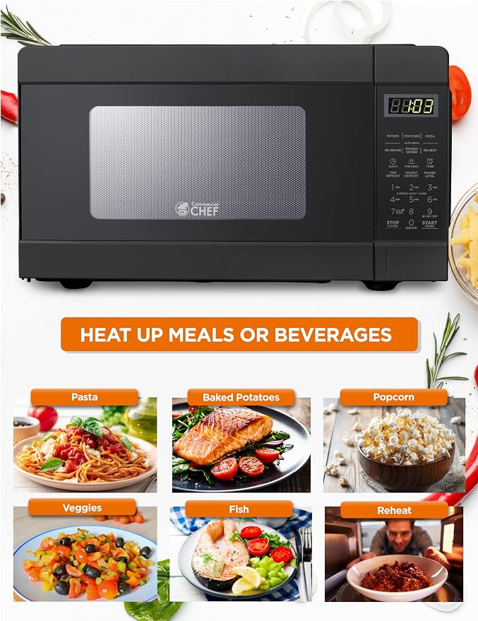COMMERCIAL CHEF 0.9 Cu Ft Microwave with 10 Power Levels, Push Button and Child Lock, Digital Controls, Countertop Microwave with Timer and Quick-Touch Menu, Black