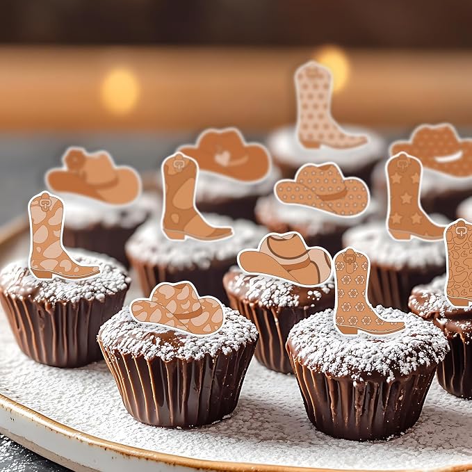 36PCS Edible Cowboy Cupcake Toppers Wafer Paper Brown Horse Boots Hat Cupcake Picks Edible Rodeo Cake Decorations for Western Horse Racing Theme Birthday Baby Shower Party Supplies