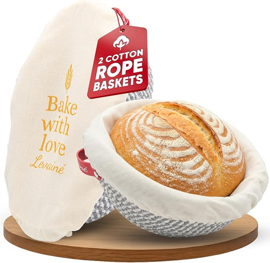 Levainé 2 Pack Cotton Rope Banneton Bread Proofing Basket Set, Round & Oval Sourdough Proofing Baskets with Liners and Covers, Washable Bread Baking Supplies for Homemade Artisan Bread