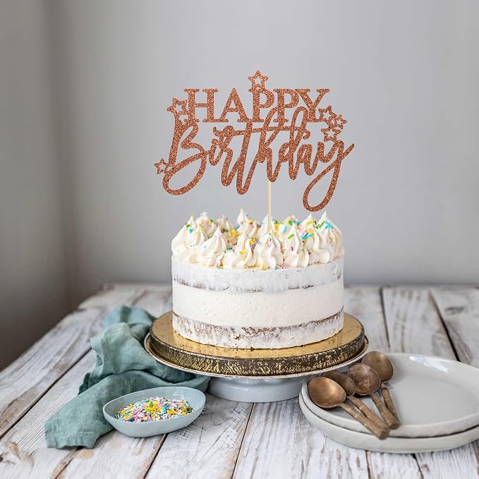 Gyufise 1Pcs Happy Birthday Cake Topper Glitter Cake Pick for Celebrating Anniversary Theme Party Cake Decorations Supplies Light Brown