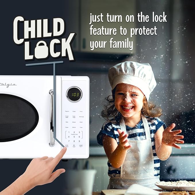 Nostalgia Retro Microwave Oven 0.7 Cu Ft, 700-Watt Countertop Size with Glass Turntable, Child Safety Lock, 8 Auto-Cook Programs, Digital Clock, White