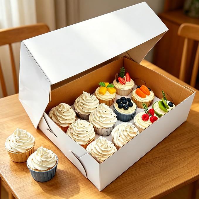 Jotique 12 Count Sturdy Corrugated Cupcake Boxes with Window, 6 Pack 13.25x10.25x4 Inch Bakery Holders for Cookies and Muffins, Disposable Treat containers for Pastry, Baked Goods, Gift Giving