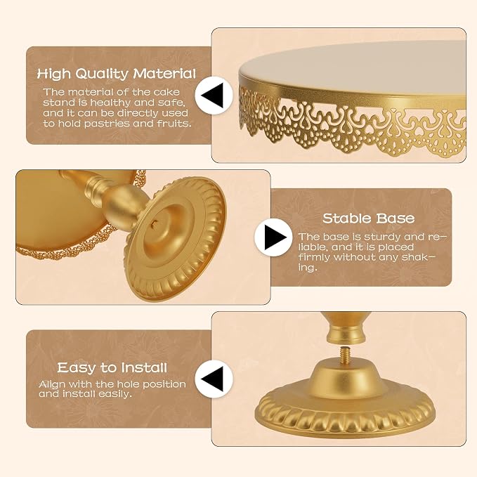 3 PCS Gold Cake Stands (8"&10"&12" Plate), Cupcake Stand With a lace hollow border Metal Cake Stand Set for Birthday Party, Wedding, Anniversary, Baby Shower