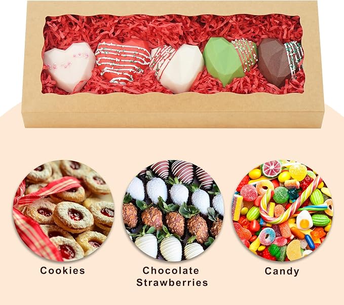 5pcs Cookie Boxes 12 x 5 x 1.5 Inch Bakery Boxes with window Chocolate Covered Strawberries Box for Christmas Valentine's Mother's Day- Brown