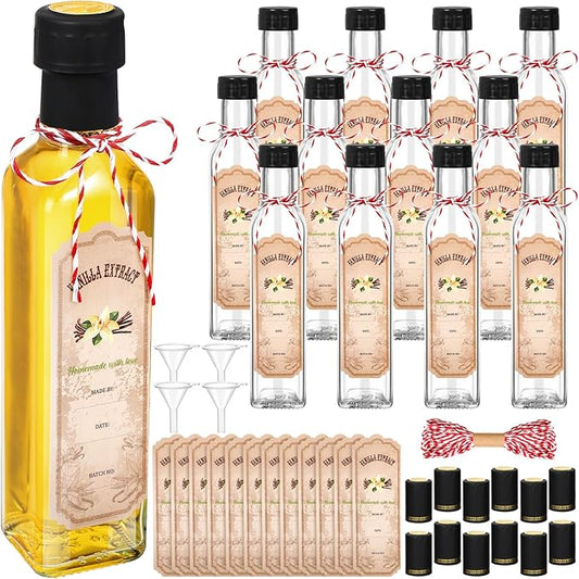 Tioncy 12 Pcs Vanilla Extract Bottles for Homemade Vanilla Jar Glass Square Bottle with Cap Shrink Band Sticker Syrup Food Storage Canister for Liquids Bean Sauce Spice Gift Giving(Black,8.5 oz)