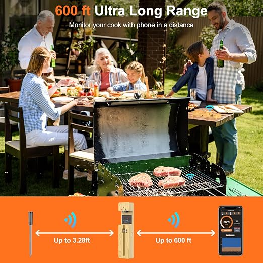 Wireless Meat Thermometer Bluetooth with Ceramic Probe: Waterproof Digital Oven Food Thermometer for Grill Fryer BBQ, 600Ft Range & Smart App for iOS/Android/air Home, Apartment