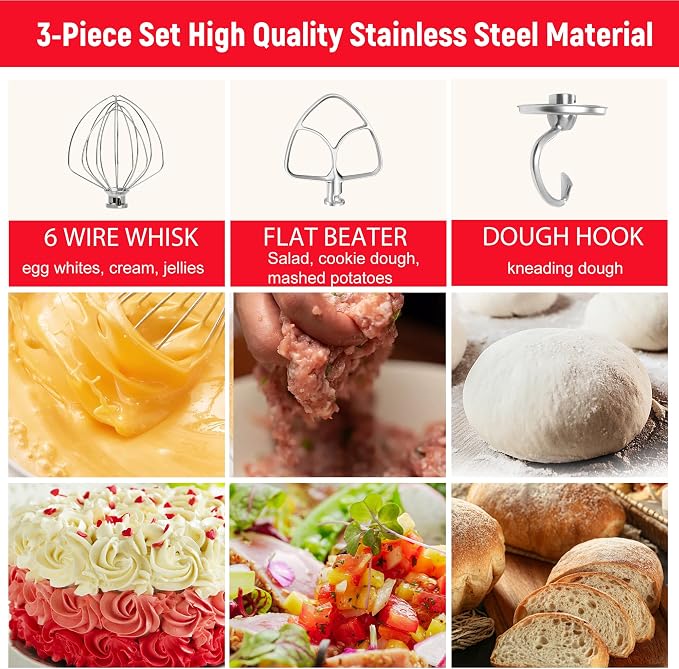 Stainless Steel Mixer Accessories Compatible with KitchenAid 4.5-5 Qt Tilt-Head, Heavy Duty Flat Beater, Dough Hook & 6 Wire Whisk, Fits KSM150, KSM45, KSM90, Dishwasher Safe Replacement Parts