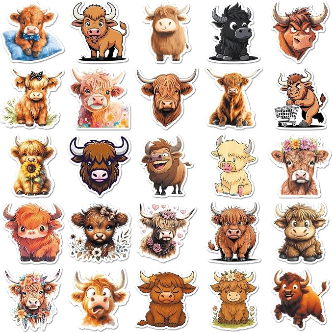 Highland Cow Stickers,50PCS Waterproof Funny Highland Cow Decals for DIY Crafts Water Bottles Laptops Phone Cases Aesthetic Cow Animal Stickers for Cow Lovers