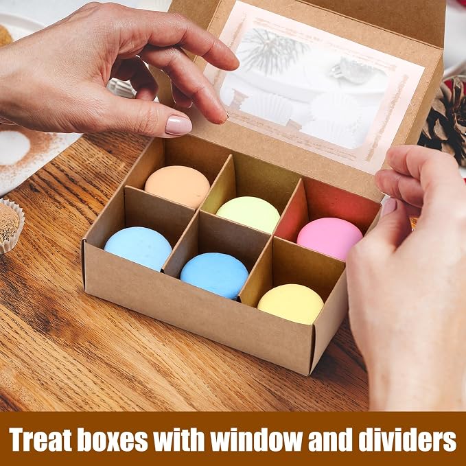 50 Pcs Kraft Treat Boxes with Window and Dividers, Empty Candy Truffle Baking Boxes, Square Cupcake Cookies Containers for Wedding Gift Giving (5 x 3.54 x 1.57 Inches,Brown)