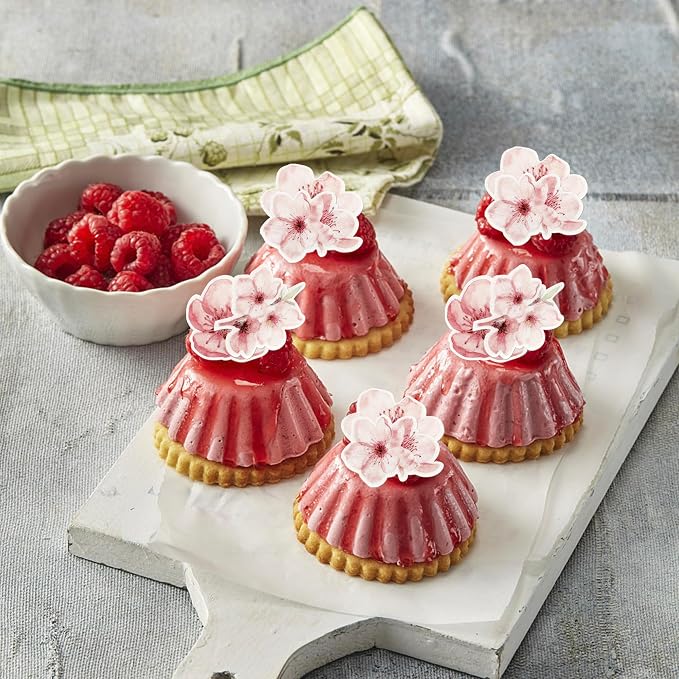 60 Pack Edible Cherry Blossom Cupcake Toppers Cherry Flowers Cake Toppers Rice Paper Wafer Paper Cake Picks for Cherry Blossom Bridal Shower Baby Shower Kids Birthday Cake Decorations Color 2
