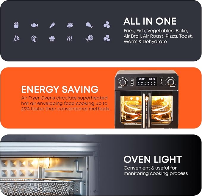 Elite Gourmet EAF9010B All Steel Exterior, 24.5Qt. French Door Air Fryer Convection Countertop Oven, 12" Pizza Extra Large Capacity, Temperature + Timer Controls, Bake, Toast, Broil, Air Fry, Black