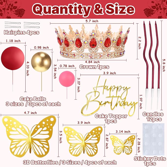 Crown Cake Topper, Red & Rose Gold Crown Balls Happy Birthday Cake Toppers Candles Butterfly, Corona Para Pastel, Crown Cake Decorations for Women Queen Princess (Rose Gold, Red)