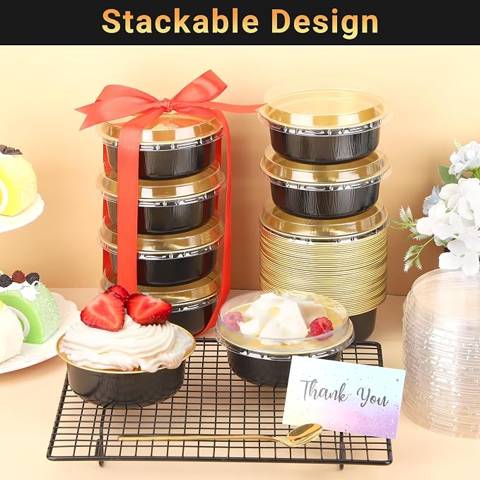 Beasea Disposable Ramekins with Lids, 50 Pack 8.8oz 260ml 4 Inch Disposable Aluminum Foil Cups Round Cupcake Mini Pudding Baking Cups for Party - Black Gold