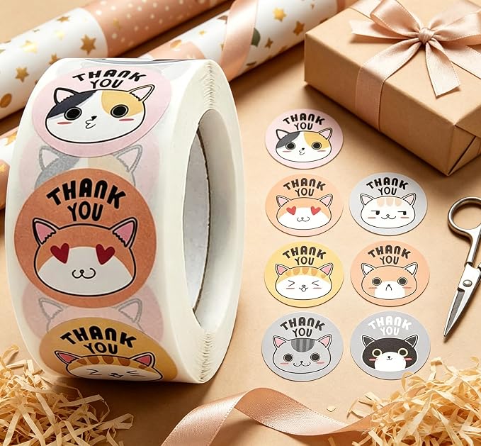 BLESS-VAST 500 PCS Thank You Stickers for Small Business - 1 Inch Cat Decal Envelope Seal 8 Designs Vibrant Colors Labels for Baking Packaging Gift Bags Wraps Crafts (Colorful Cat)