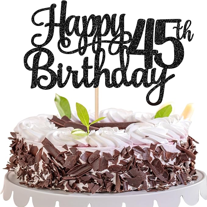 1 PCS Happy 45th Birthday Cake Topper Glitter Cheers to 45 Years Birthday Cake Pick 45 Fabulous Cake Decoration for Happy 45th Birthday Theme Party Decorations Supplies Black