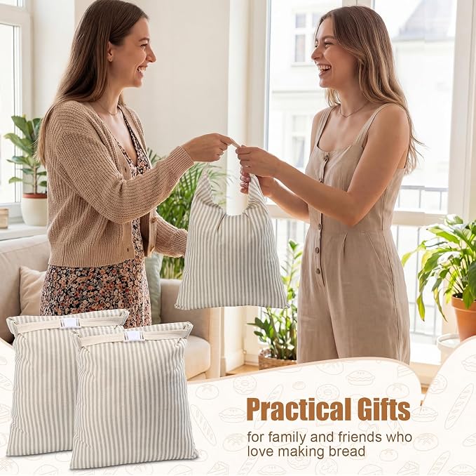 2 Pack Reusable Striped Bread Bags Set with Drawstring Cotton Linen Food Storage Bags for Homemade Bread & Sourdough 17"x 13" Lined Food Bag Cover Keep Loaves Fresh Longer(Grey Stripes)