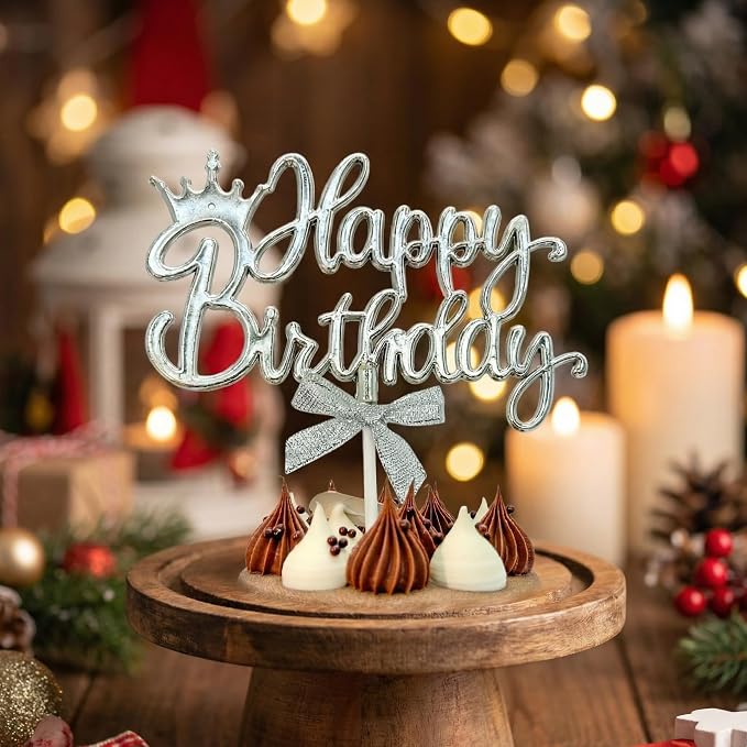 Elegant Acrylic Birthday Cake Topper with Crown & Bow Design - Reusable Decoration for Party, Wedding, Baby Shower (Silver)