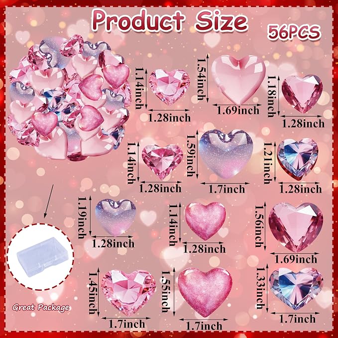 56PCS Edible Crystal Heart Cupcake Toppers Wafer Paper Pink Diamond Heart Cupcake Picks Be Mine Cake Decor for Valentine's Day Theme Engagement Party Decoration Supplies