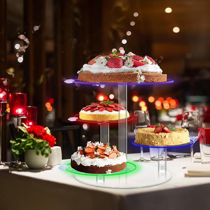 Cake Stand with Rechargable Light, 4 Tier LED Acrylic Cupcake Stand, Round Cake and Cupcake Stand Combo, Clear Tiered Cake Tower Stands for 50 Cupcakes, Display Stand for Wedding Birthday Party