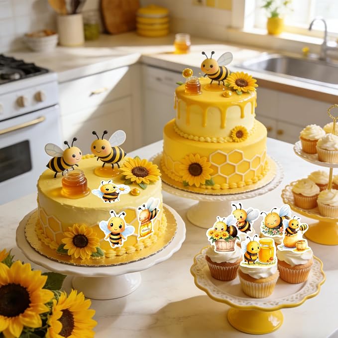 72 PCS Edible Bumble Bee Cupcake Toppers Wafer Paper Oh Babee Cake Decorations for Bee Theme Baby Shower Kids Boys Girls Birthday Cake Party Decoration