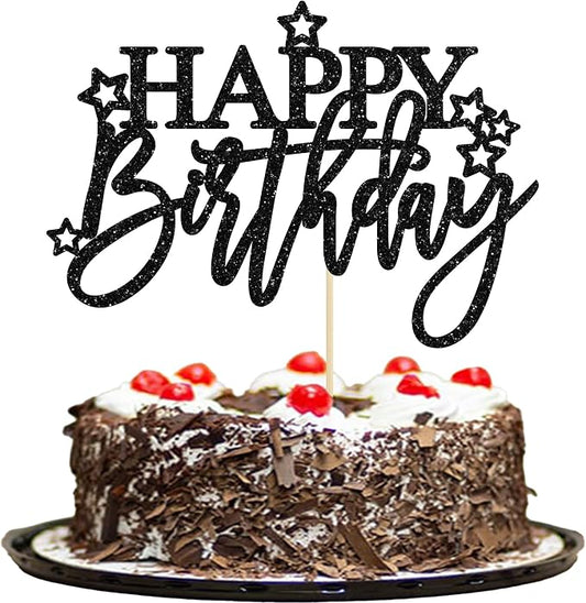 Gyufise 1Pcs Happy Birthday Cake Topper Glitter Happy Birthday Cake Pick for Celebrating Happy Birthday Anniversary Theme Party Cake Decorations Supplies Light Black