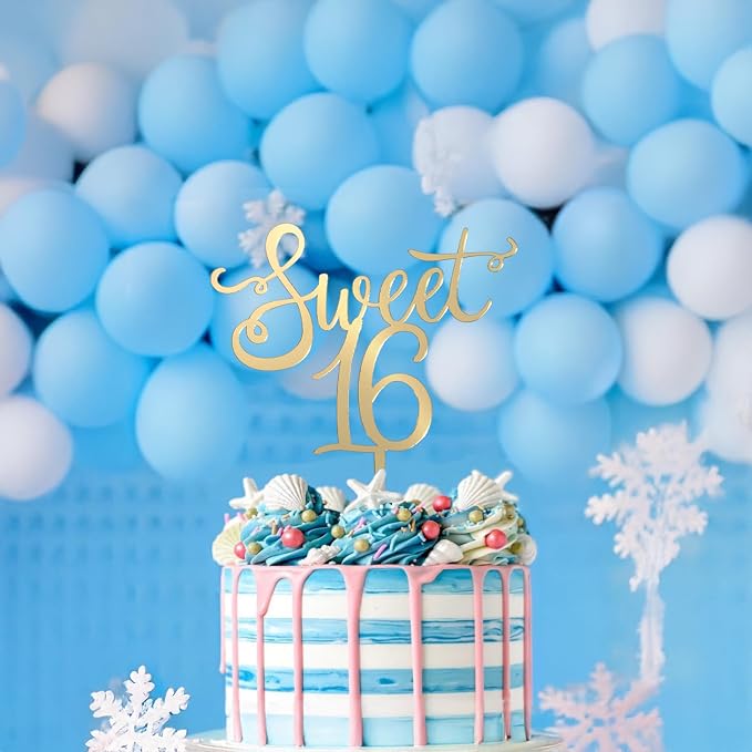 Shiny Acrylic Happy Sweet 16 Birthday Cake Topper, 7.5" x 6", Cheer to 16th Birthday Party Cake Decoration (Gold)