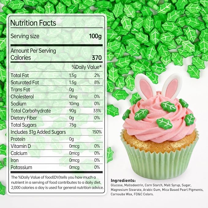 Green Leaf Sprinkles for Cake Decorating, 150g/5.29oz, Edible Green Sugar Sprinkles, Flower Cake Decorations, Cupcake Cookies Topper, Easter Baking Party Spring Supplies