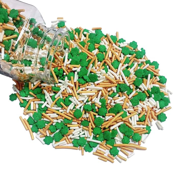 PhilaeEC St Patricks Sprinkles Edible for Cake Decoration Green Shamrock Gold White Jimmies Mix Sprinkles Cake Baking Cookie Cupcake Toppers Decoration Supplies