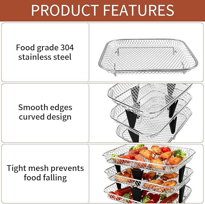 3 Tiers Stackable Air Fryer Racks, 7.79"x5.23"x1.57" Stainless Steel Dehydrator Trays with Non-slip Feet for Ninja DZ201 DZ071 DZ090 DZ302 DZ401 DZ550 SL401 Dual Airfryer