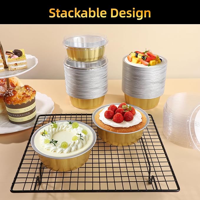 Beasea Disposable Ramekins with Lids, 120 Pack 8 oz 4 Inch Mini Gold Aluminum Foil Creme Brulee Baking Cups Small Round Cupcake Tart Pie Tins Pans Individual Containers Oven Safe for Baking