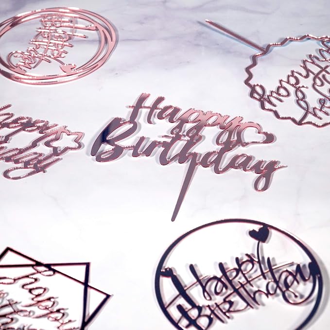 6-Pack Rose Gold Birthday Cake Topper Set, Double-Sided Glitter, Acrylic Happy Birthday Sign Cake Toppers/Cupcake Toppers, Party Decorations Supplies for Girls and Mom.