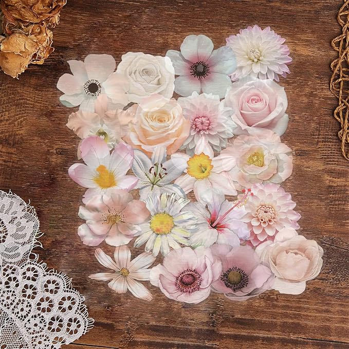 50Pcs Pink Flower Stickers for Laptop Water Bottle, Daisy and Rose Decals Self-Adhesive Scrapbooking Stickers Supplies Journal Stocking Stuffers for Adult Card Making Letters DIY (Colourful-B2)