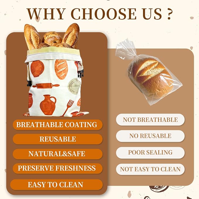 Reusable Cotton Beeswax Bread Bags 2 Pack – Extra Large 13"x17" Zipper & Roll-Buckle Double Seal for Homemade Sourdough, Keep Bread Fresh Longer, Zero Waste Bread Storage for Loaf Baguette (ClayMark)