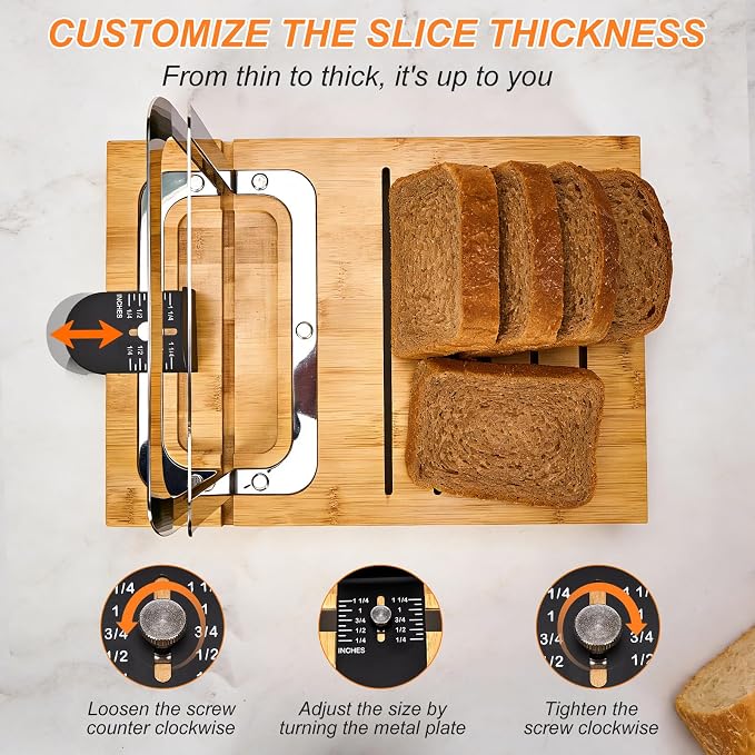 Bamboo Sourdough Bread Slicer for Homemade Breads with Bread Knife，Adjustable Slice Thickness and Bread Width, Stainless Steel Cutting Guides with Crumb Tray for Round Sourdough & Homemade Breads