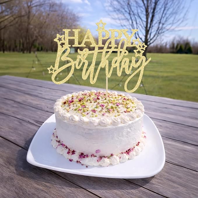 Gyufise 1Pcs Happy Birthday Cake Topper Glitter Happy Birthday Cake Pick for Celebrating Happy Birthday Anniversary Theme Party Cake Decorations Supplies Light Gold